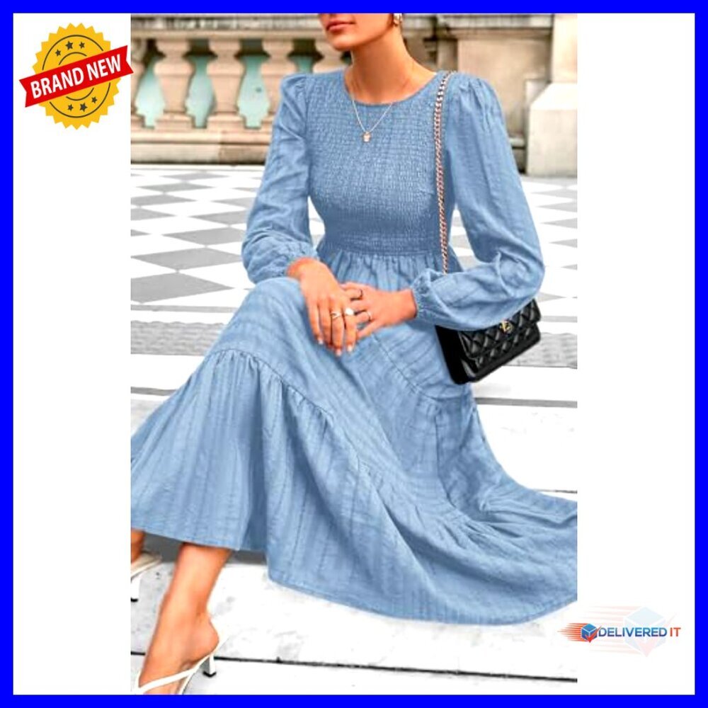 Long Sleeve Smocked Maxi Dress with Pockets, High Waist Tiered Flowy - Picture 6 of 7